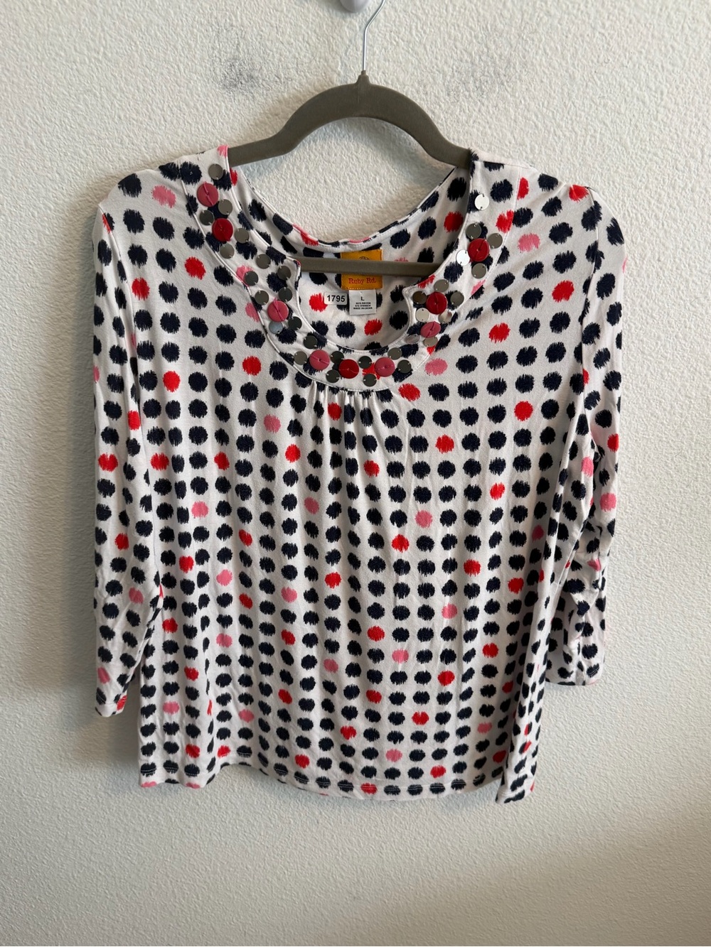 Ruby Rd. White Long Sleeve Top with Navy, Red & Pink Dot Pattern